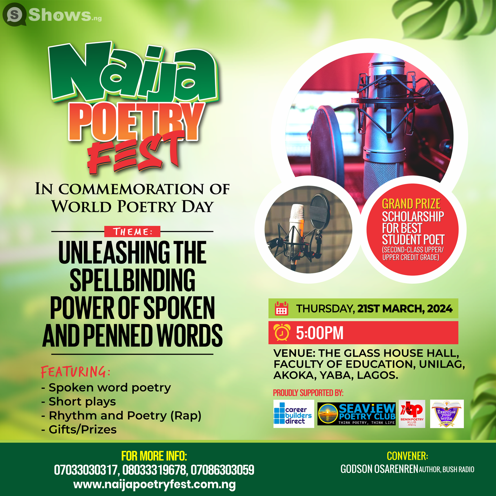 The Glass House Hall, Faculty of Education, University of Lagos, Akoka, Yaba, Lagos. venue